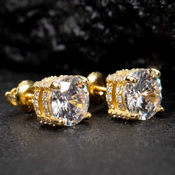 Fully Iced Round Solitaire Yellow Gold Sterling Silver Stud Screw Back Earrings - Picture 1 of 5